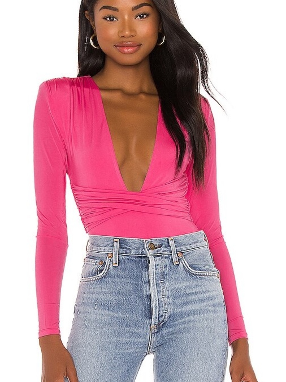 Lovers + Friends Fuchsia Deep V Wrap-Front Bodysuit